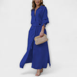 Blaues Maxikleid mit V-Ausschnitt, Knopfleiste und Taillengürtel, 3/4 Puffärmel