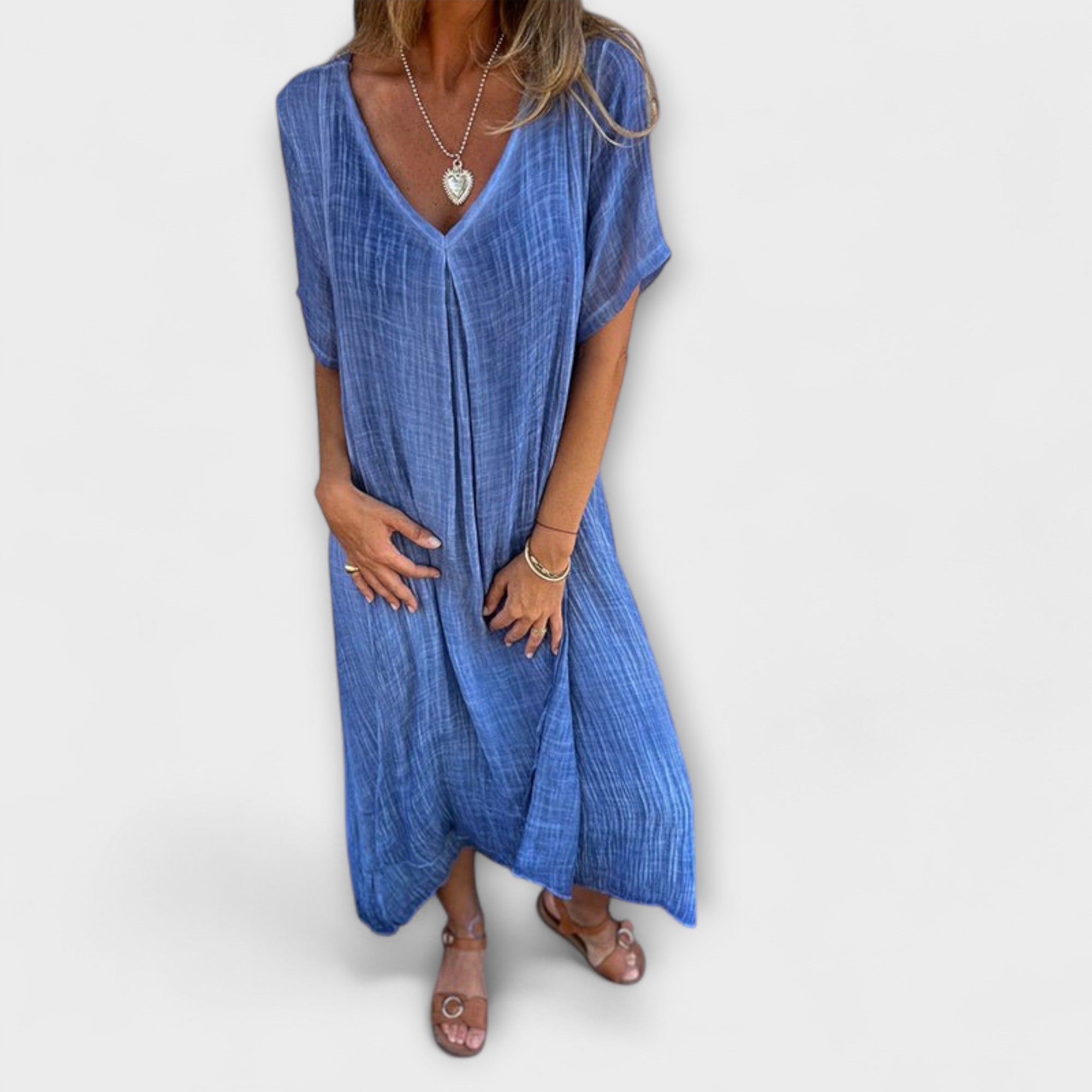 Elegantes Malaga Kleid in Blau mit V-Ausschnitt, kurzen Ärmeln und Knopfleiste