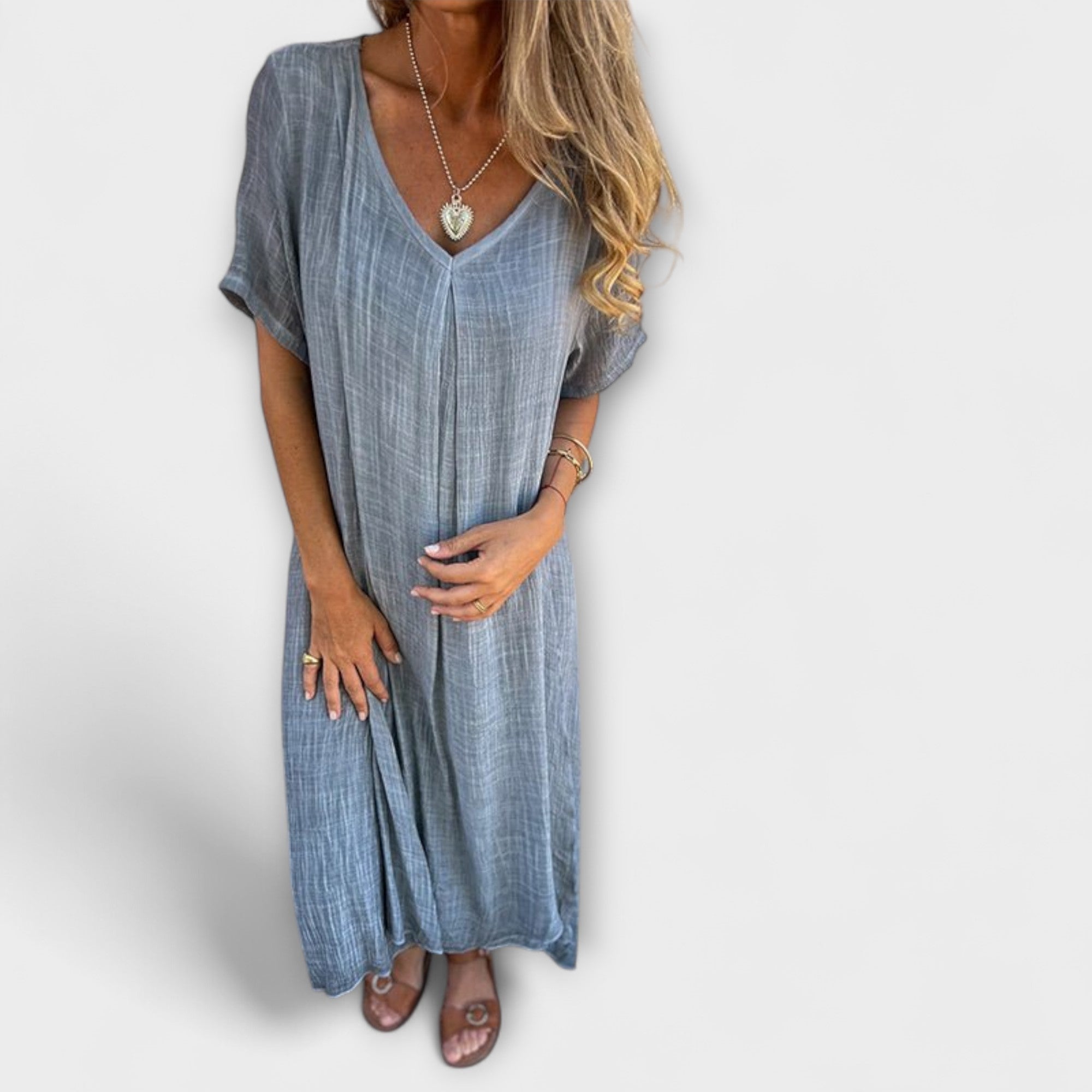 Leinenartiges Sommerkleid mit V-Ausschnitt, kurzen Ärmeln und Knopfblende, blau