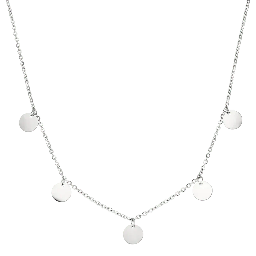 Halskette mit feiner Kette und mehreren runden Plättchen, silberfarben