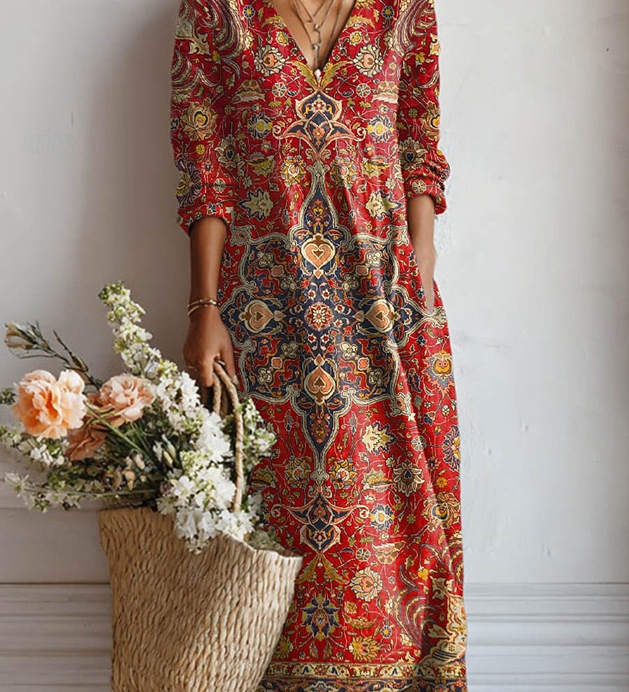 Rotes Maxikleid mit persischem Ornamentmuster, V-Ausschnitt und langen Ärmeln