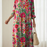 Maxikleid mit V-Ausschnitt, Aquarell-Blumenmuster und geraffter Taille, lange Ärmel