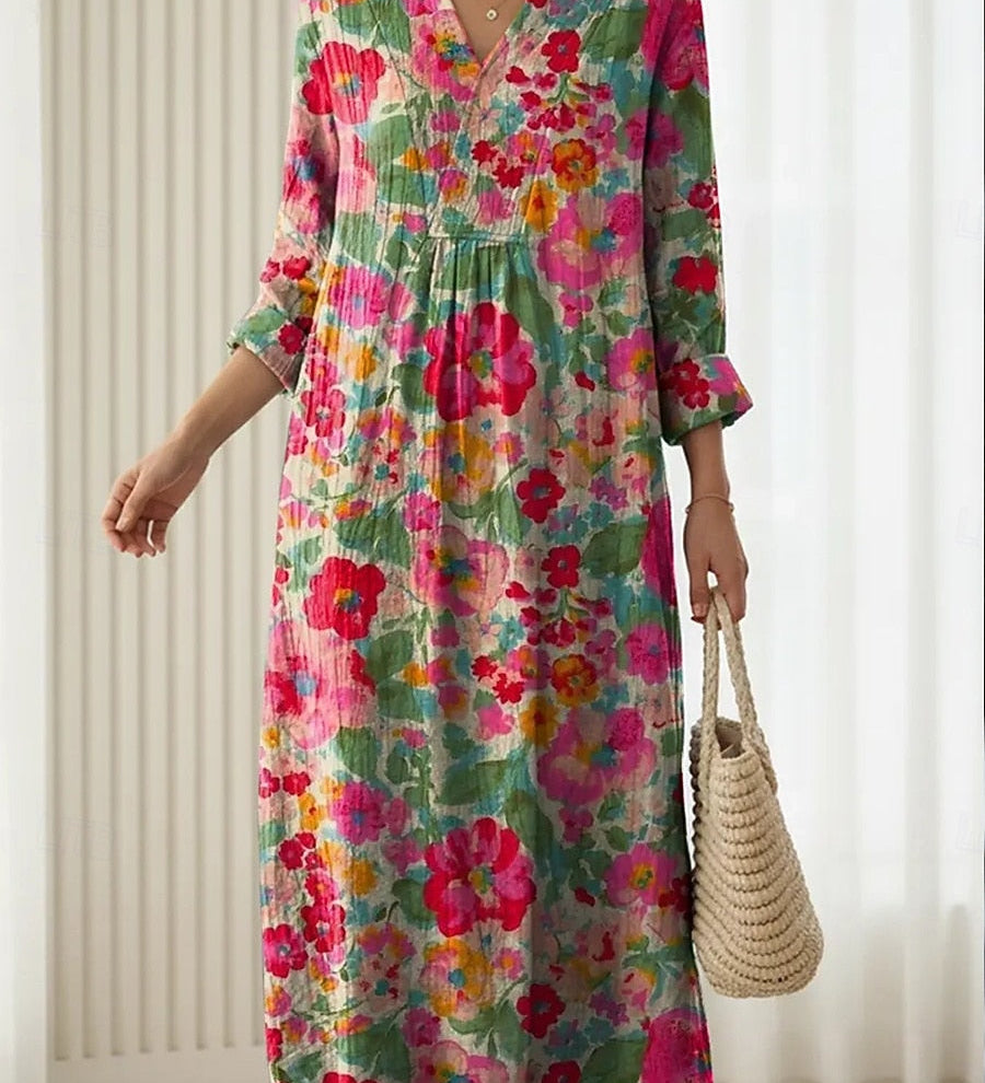 Maxikleid mit V-Ausschnitt, Aquarell-Blumenmuster und geraffter Taille, lange Ärmel