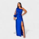 Elegantes Kleid in Elektrischblau mit Raffung vorn, Seitenschlitz und drapiertem Ärmel