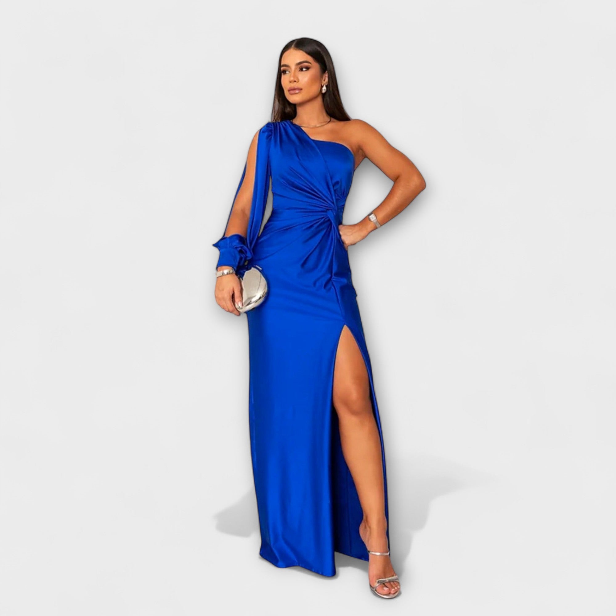 Elegantes Kleid in Elektrischblau mit Raffung vorn, Seitenschlitz und drapiertem Ärmel