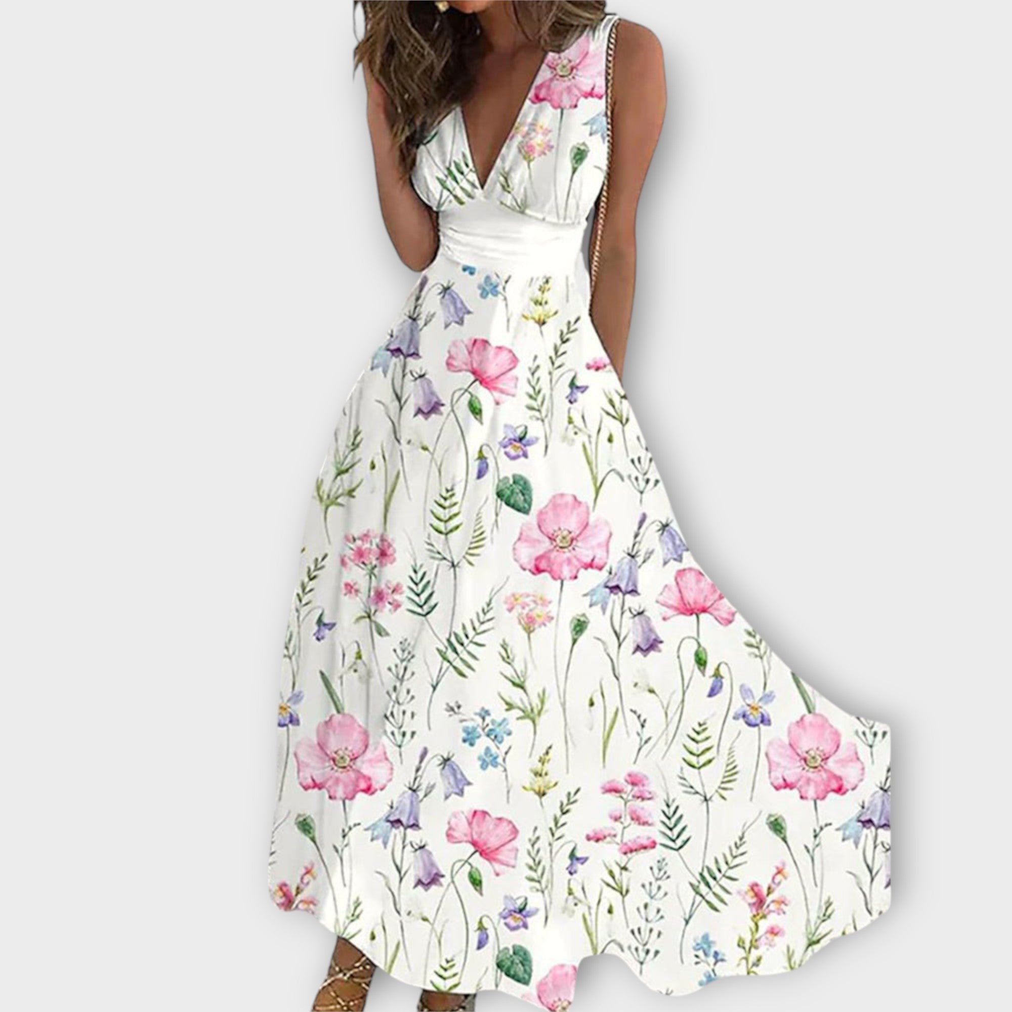 Blumenkleid mit V-Ausschnitt, ärmellos, helles Kleid mit pinken und lila Blumen und Bindebund