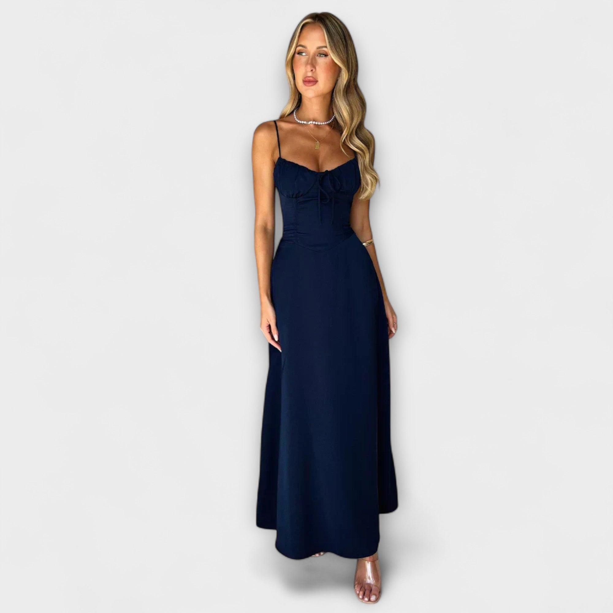 Dunkelblaues Midi-Kleid mit Spaghetti-Trägern und corsageartiger Optik im Oberteil