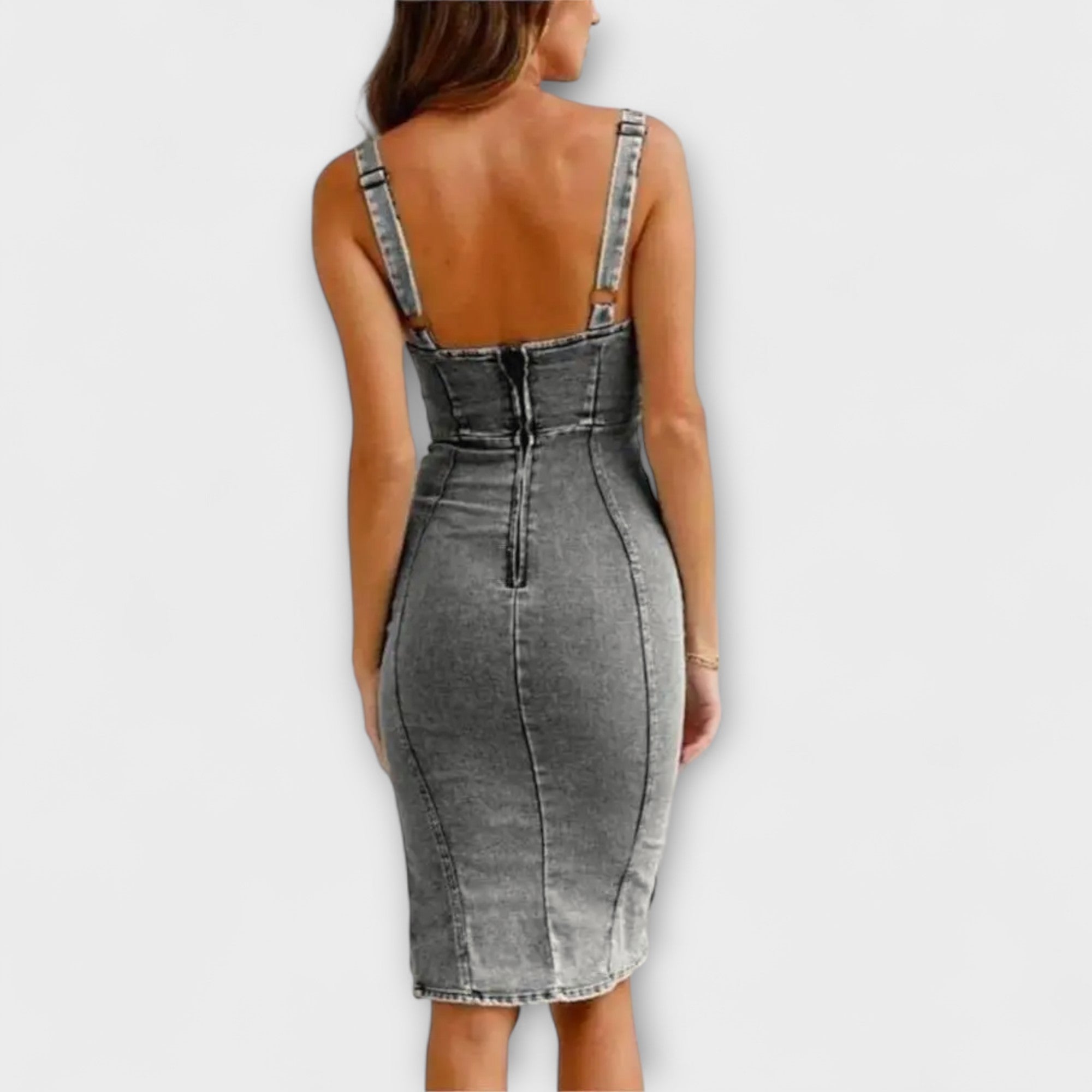 Graues Denim-Kleid mit verstellbaren Trägern und Rückennaht