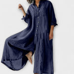 Bequemer Jumpsuit in Dunkelblau, Knopfleiste vorn, weite Ärmel, lang und locker fallend