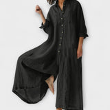 Bequemer Jumpsuit in Schwarz, Knopfleiste vorn, weite Ärmel, lang und luftig fallend