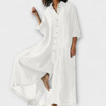 Bequemer Jumpsuit in Weiß, knöpfbare Vorderseite, weite Ärmel, lang, locker geschnitten