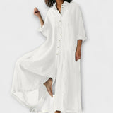 Bequemer Jumpsuit in Weiß, knöpfbare Vorderseite, weite Ärmel, lang, locker geschnitten