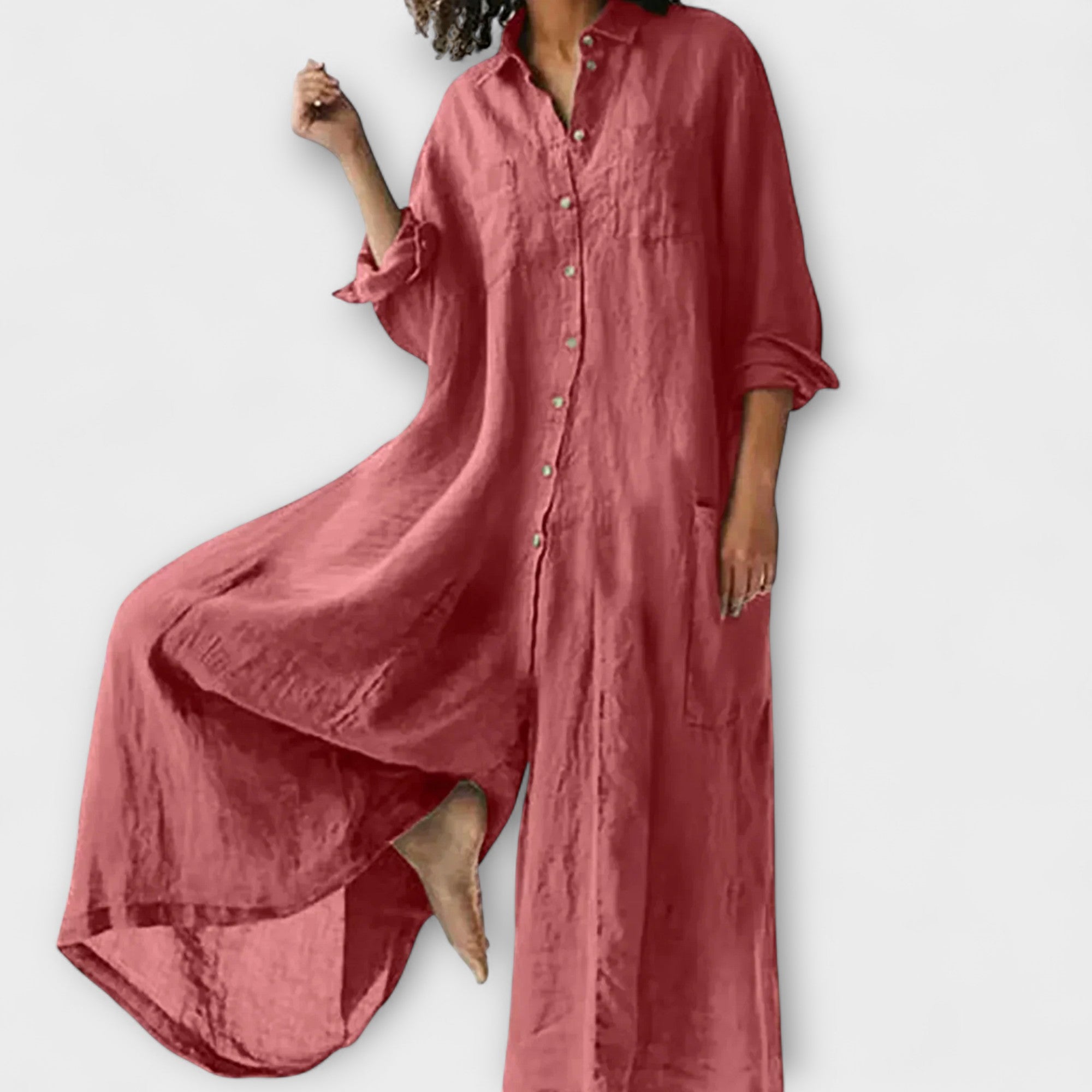 Bequemer Jumpsuit in Rosa, knöpfbare Vorderseite, weite Ärmel, lang, locker fallend