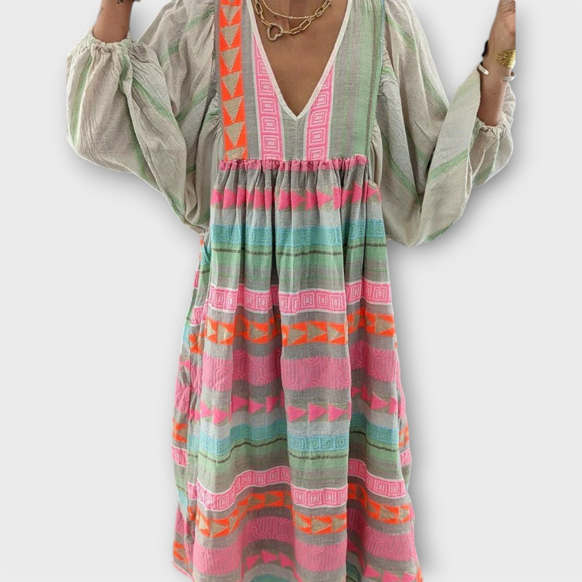 Lockeres Kleid mit V-Ausschnitt und Ballonärmeln, mehrfarbiges Tribal-Muster in Rosa, Grün und Orange