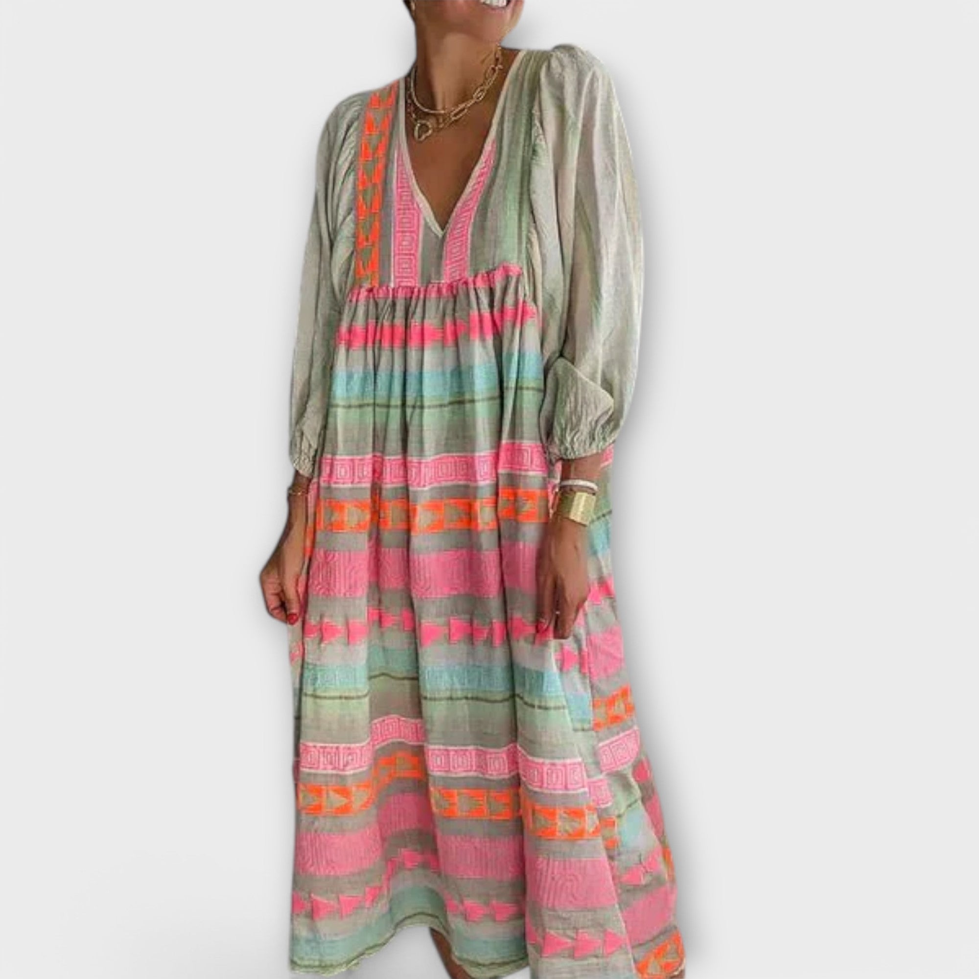 Lockeres Kleid mit V-Ausschnitt, langen Ballonärmeln und geometrischem Streifenmuster in Pink/Grün