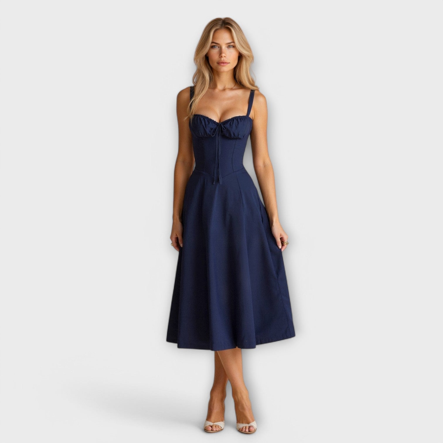 Korsett-Midikleid in Dunkelblau mit schmalen Trägern und gerafftem Bustier