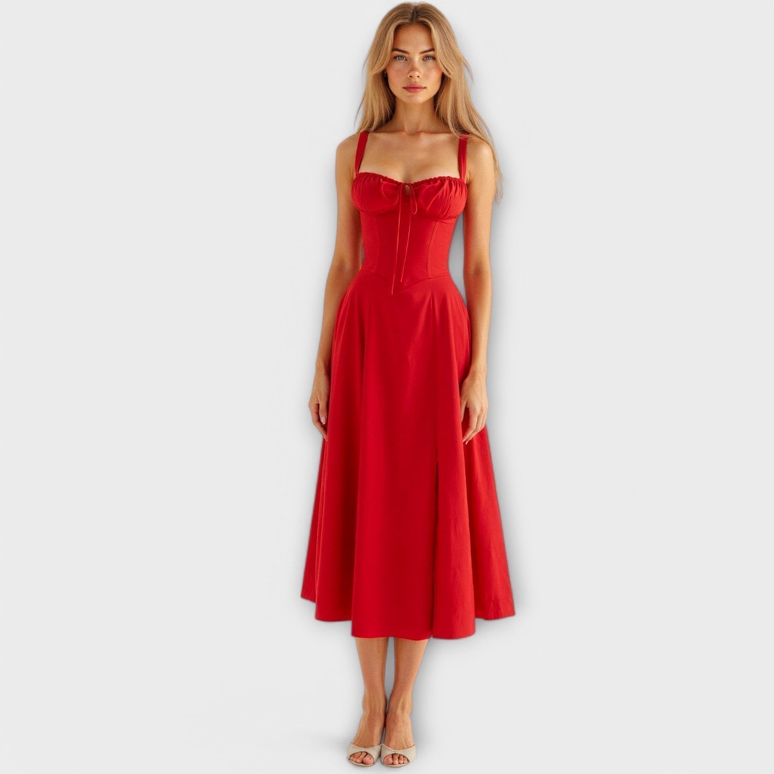 Korsett-Midikleid in Rot mit Trägern und sweetheart Ausschnitt, gerafftem Mieder
