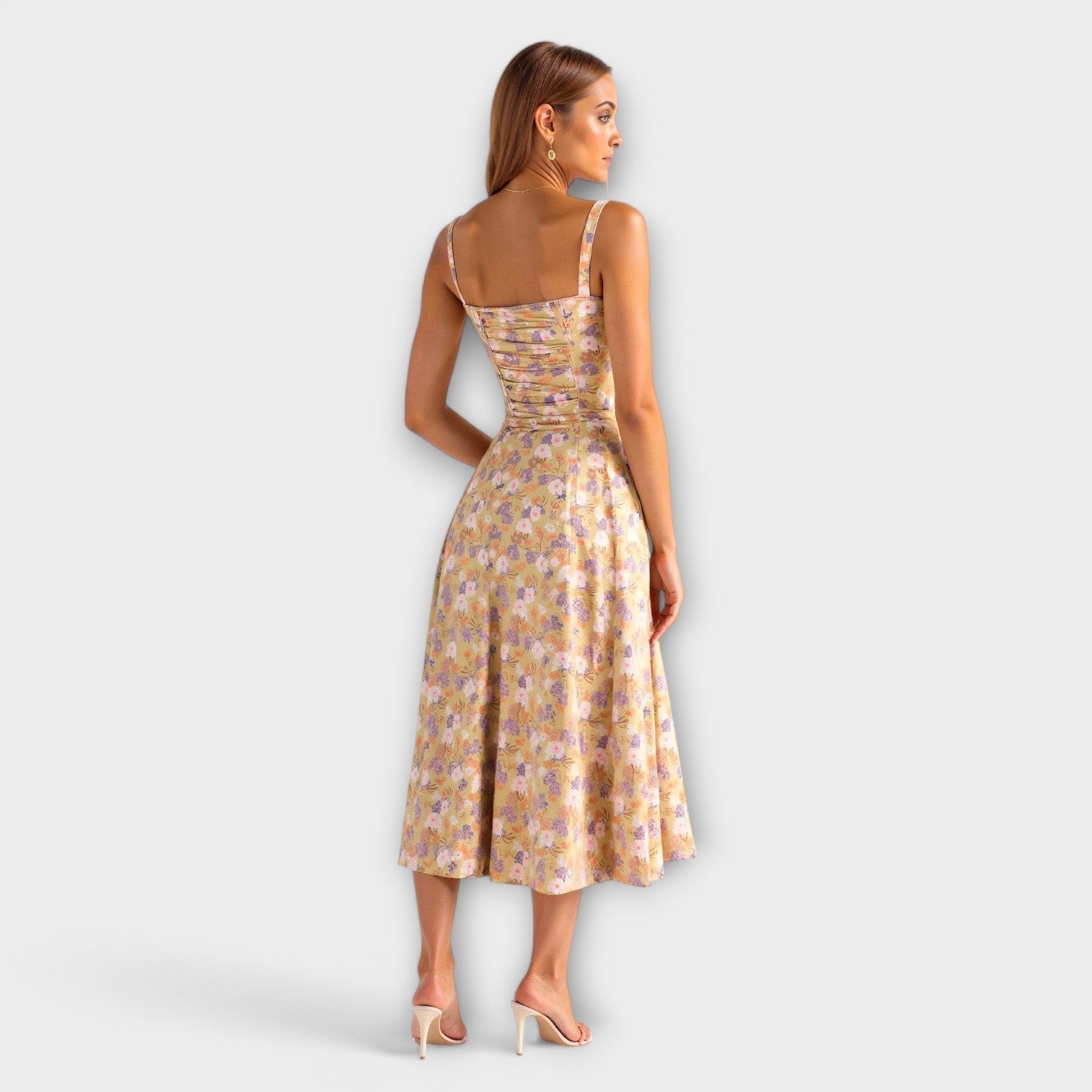Korsett-Midikleid mit Rückansicht, schmalen Trägern und Blumenmuster, hell mit Pastellton