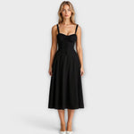 Schwarzes Korsett-Midikleid mit Spaghettiträgern, gerafftem Oberteil und ausgestelltem Rock