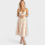 Korsett-Midikleid mit Blumenmuster, schmalen Trägern und gerafftem Brustbereich, hellrosa/creme