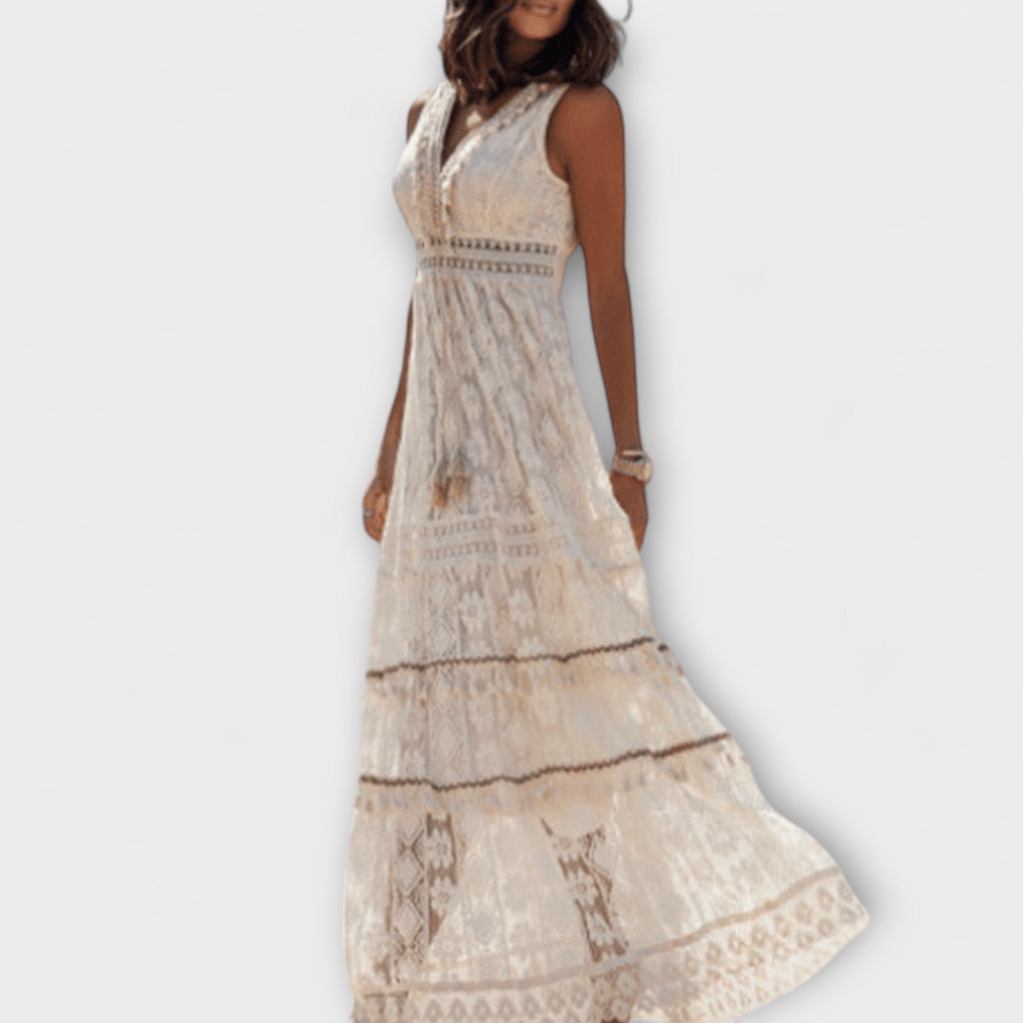 Beige Spitzenkleid mit V-Ausschnitt, tailliertem Schnitt und breitem Volantrock