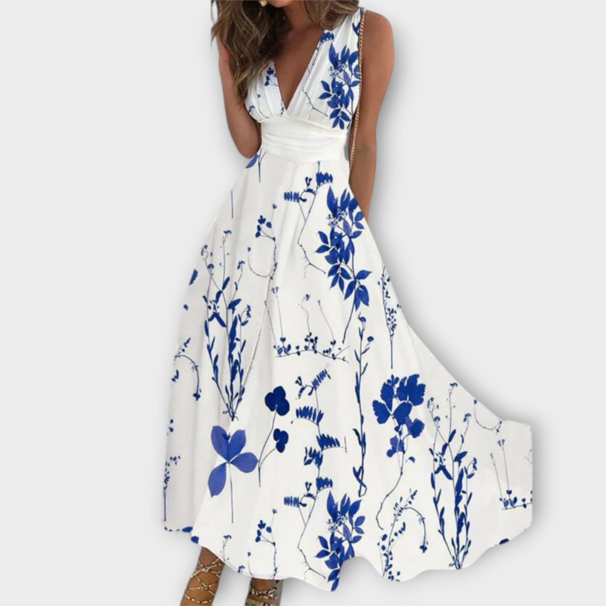Blumenkleid mit V-Ausschnitt, ärmellos, weißes Kleid mit blauem Blumenmuster und Bindebund