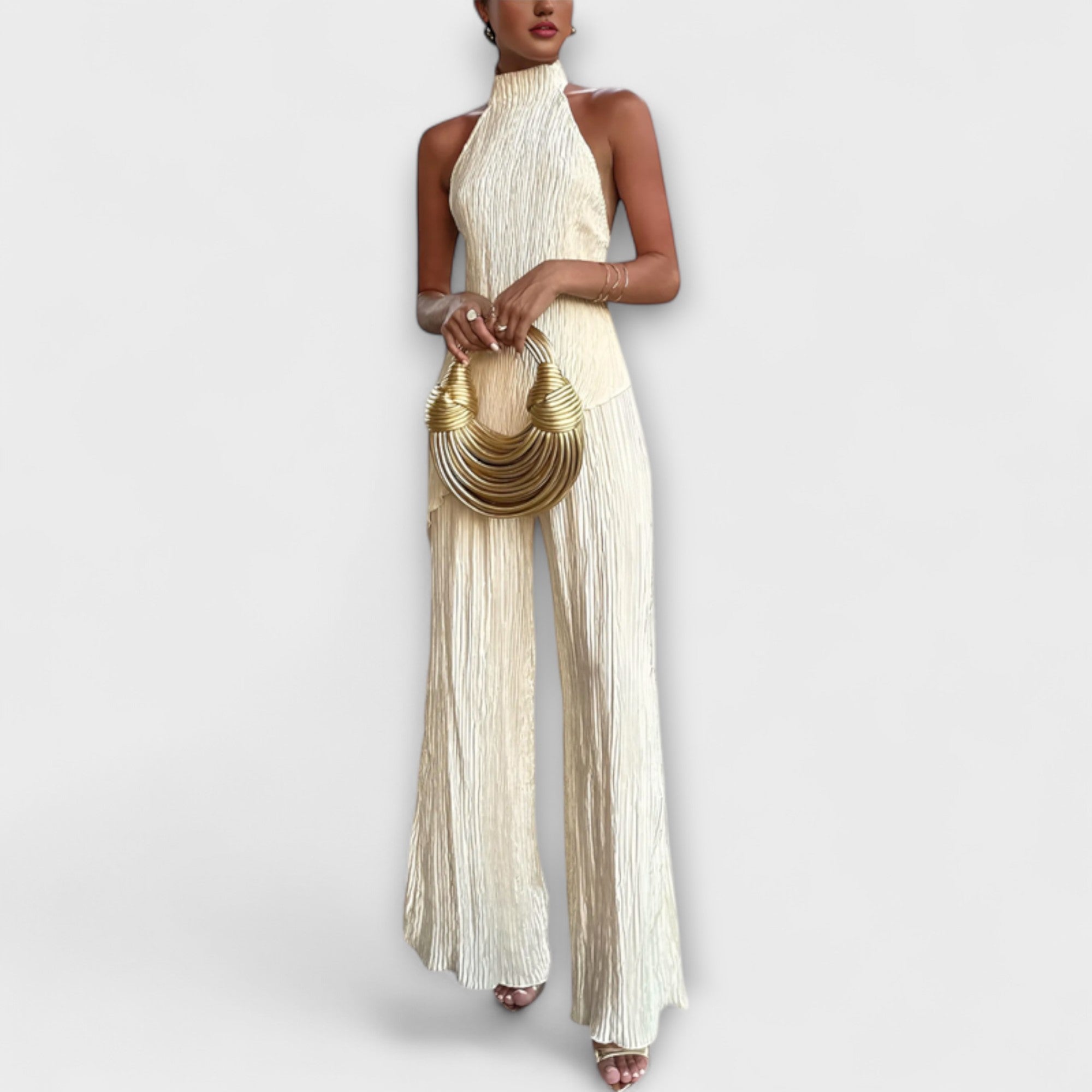 Plissiertes asymmetrisches Jumpsuit-Set mit Neckholder, cremefarben, ärmellos, lang