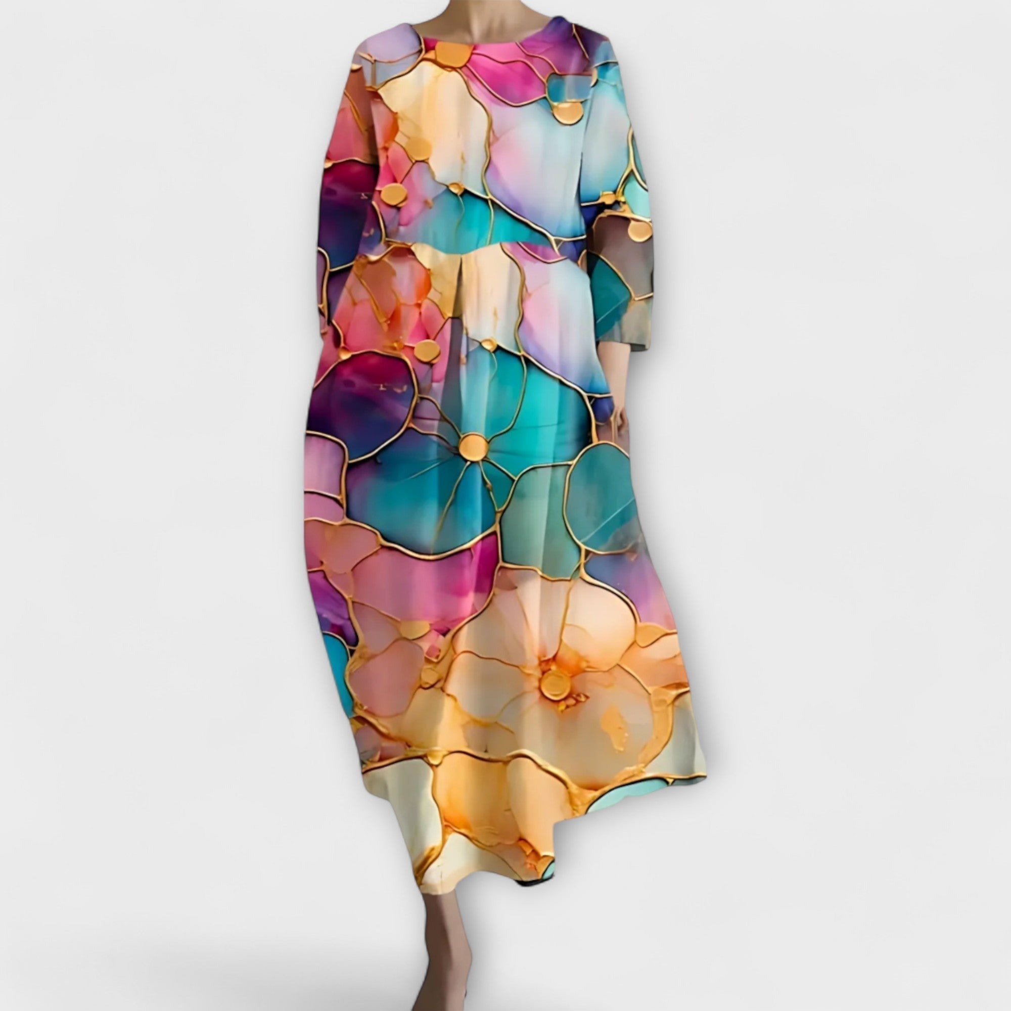 Langes Kleid mit weitem Ausschnitt, mehrfarbener Blumen-/Kunstprint, kurze Ärmel