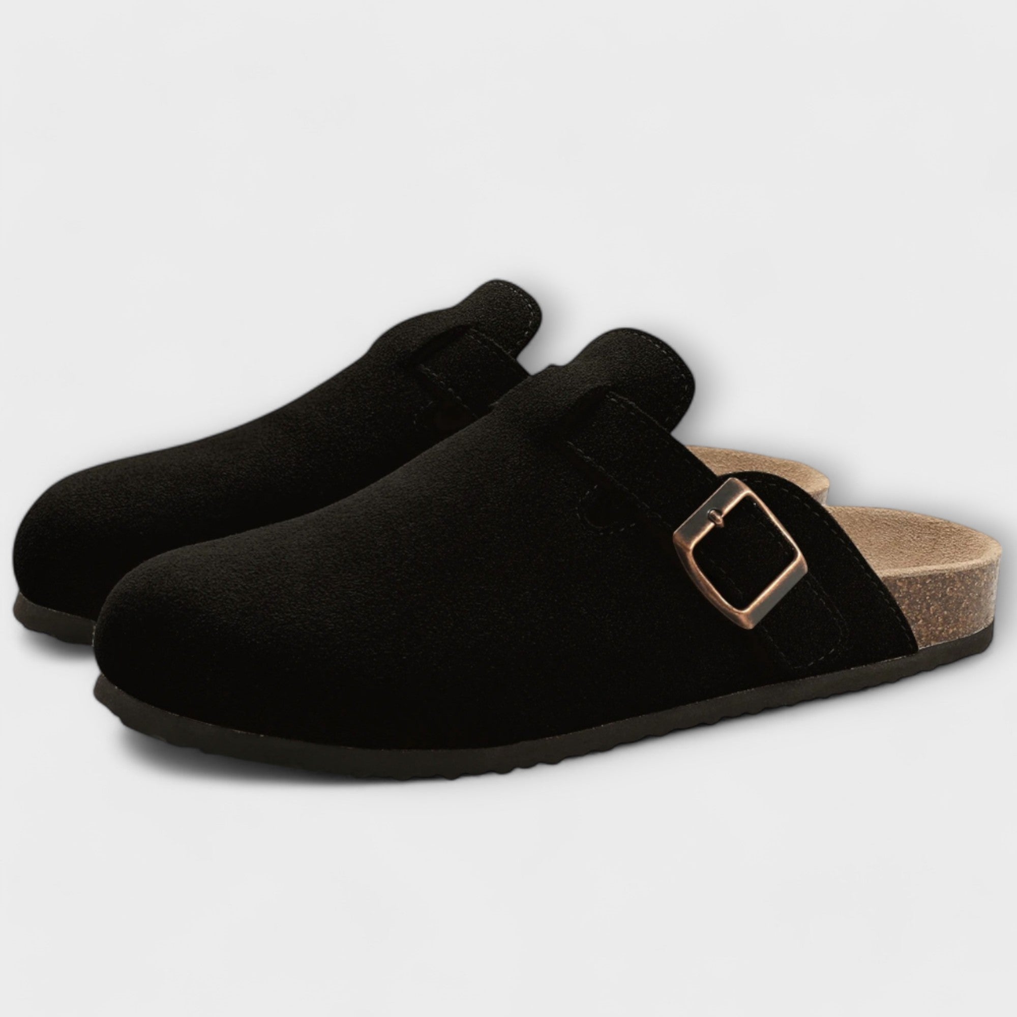Orthopädische Komfortsandalen in Schwarz mit zwei Riemen und rechteckiger Metallschnalle