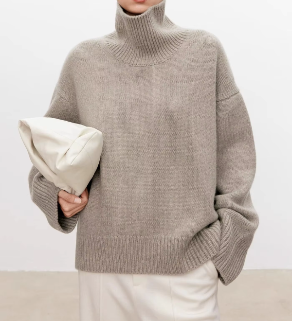 Grau melierter Rollkragenpullover mit langen Ärmeln und gerippten Bündchen, locker
