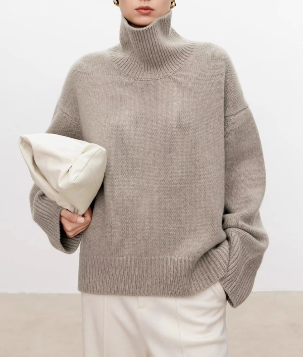 Grau melierter Rollkragenpullover mit langen Ärmeln und gerippten Bündchen, locker