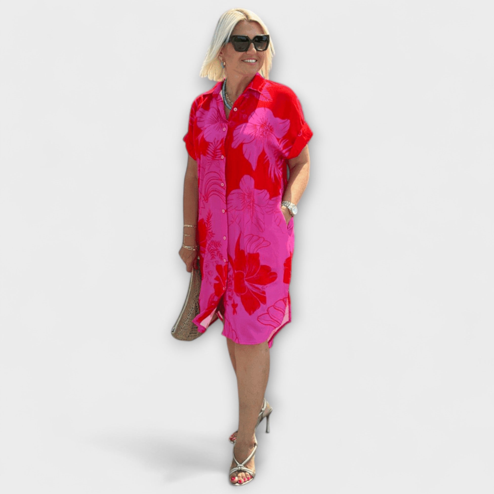 Knielanges Kleid mit Blumenmuster, kurzarm, Knopfleiste vorn, pink-rot
