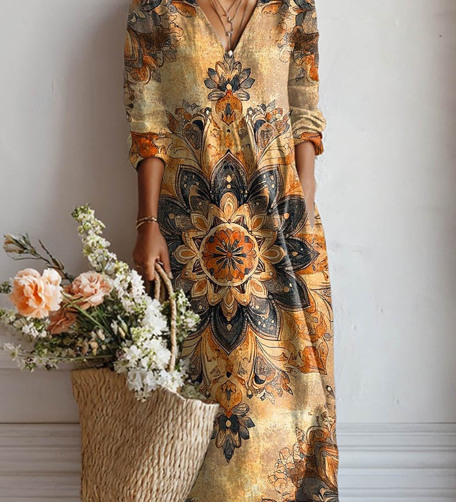 Boho-Kleid in Ocker mit Mandala-Print, langen Ärmeln und V-Ausschnitt, knielang