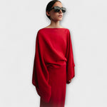 Kimono-Kleid aus Leinen-Baumwolle in Rot mit drapierten Ärmeln und taillierter Silhouette