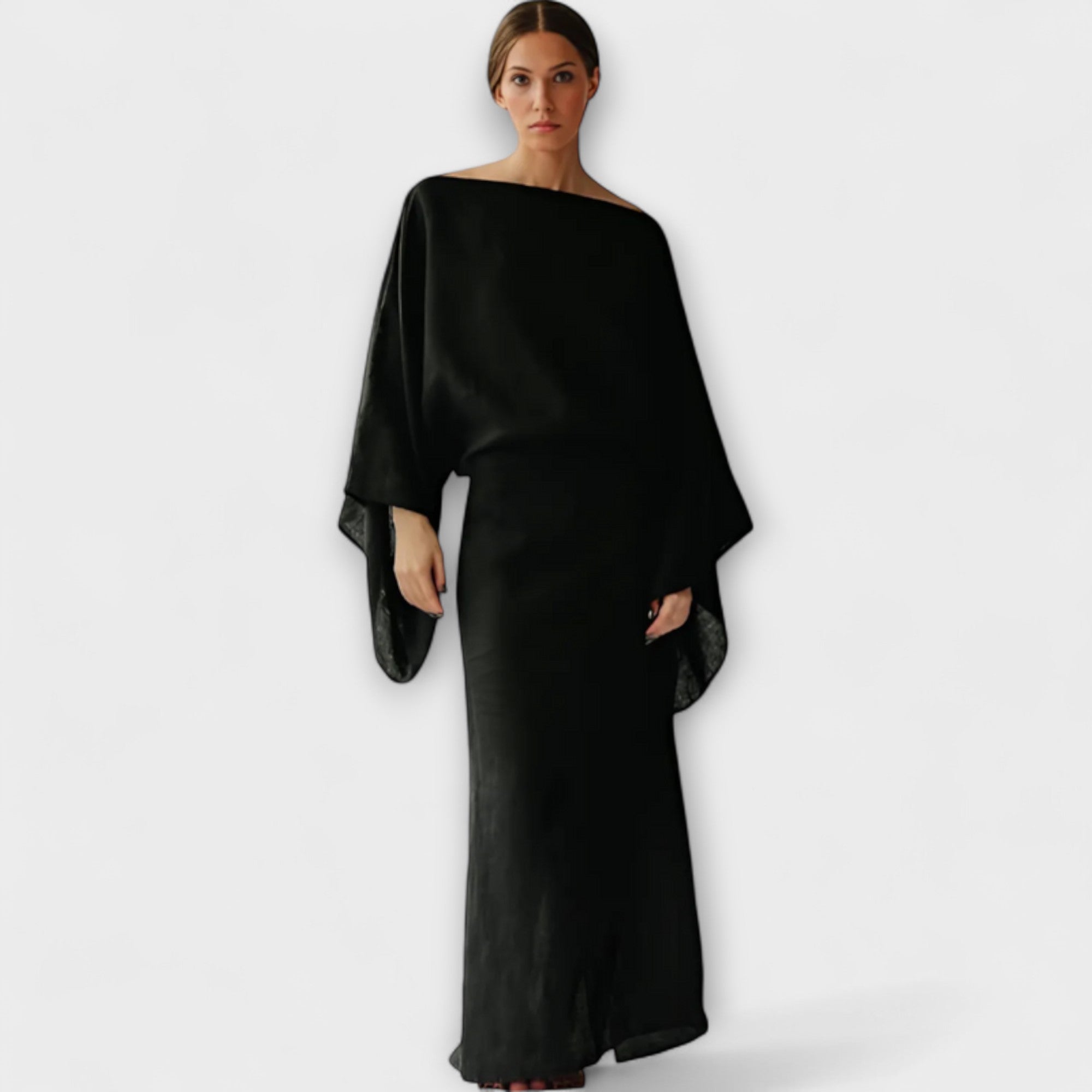 Kimono-Kleid aus Leinen-Baumwolle in Schwarz mit weiten Fledermausärmeln und Unterrock