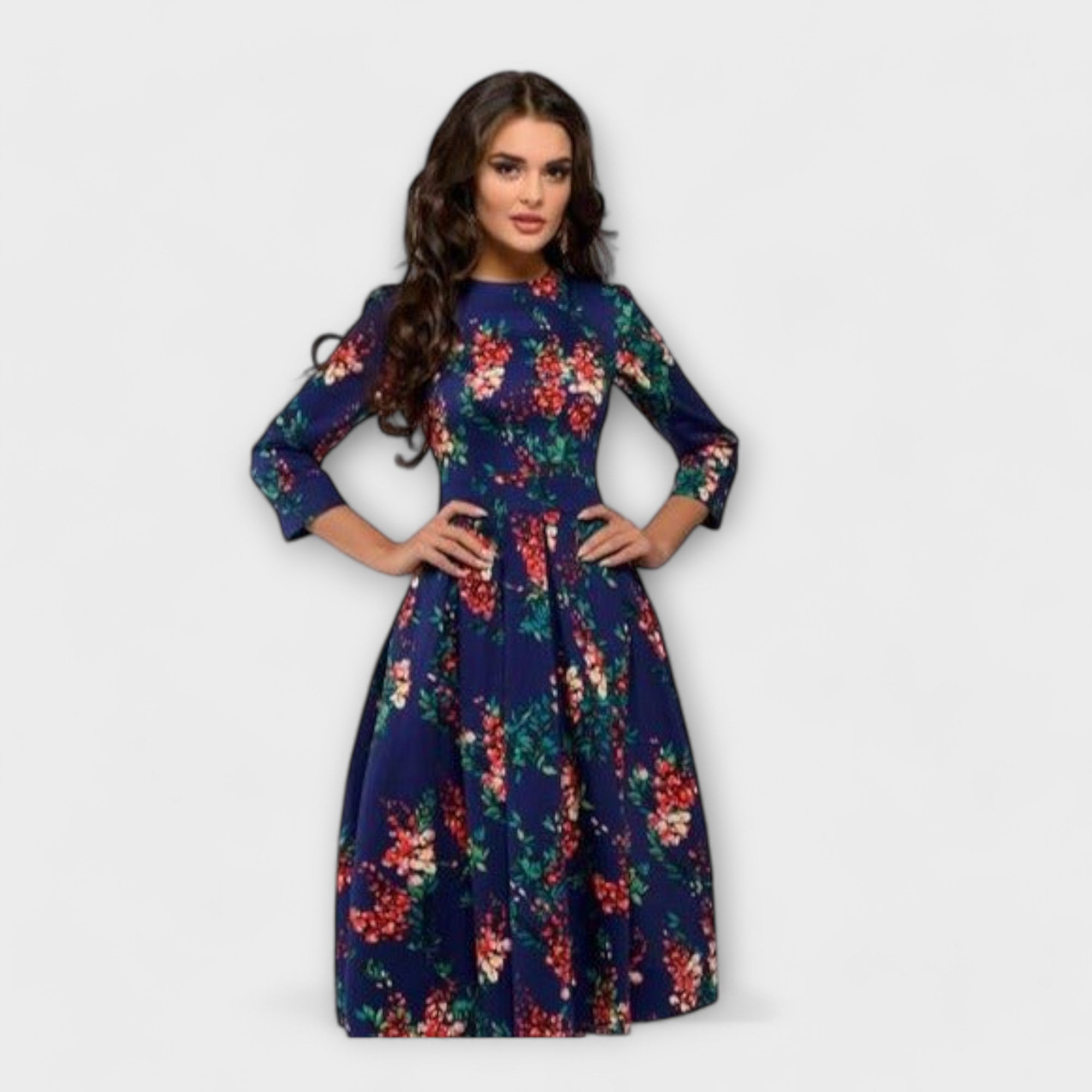 Retrozo knielanges Kleid, dunkelblau mit buntem Blumenprint, 3/4-Ärmel, vorne