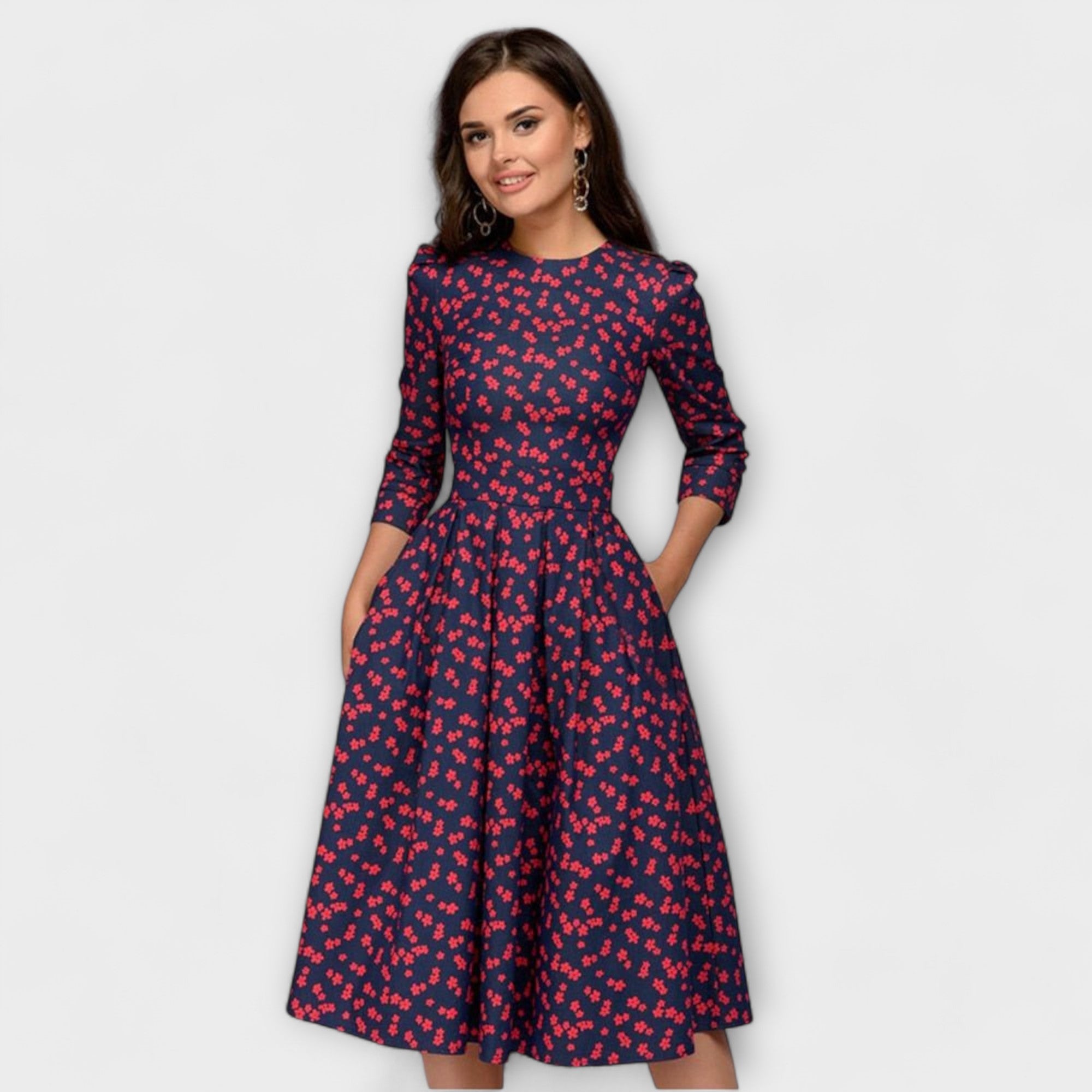 Retrozo knielanges Kleid, dunkelblau mit rot gepunktetem Allovermuster, 3/4-Ärmel, vorne