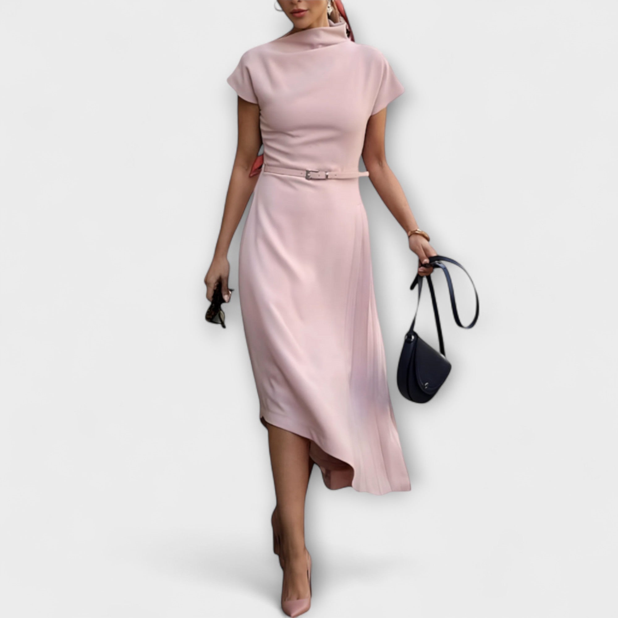 Rosa asymmetrisches Kleid mit Kurzarm, Stehkragen und Taillengürtel