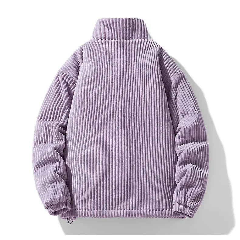 Mascha Cordjacke, lila gerippter Cord, Rückansicht mit hohem Kragen