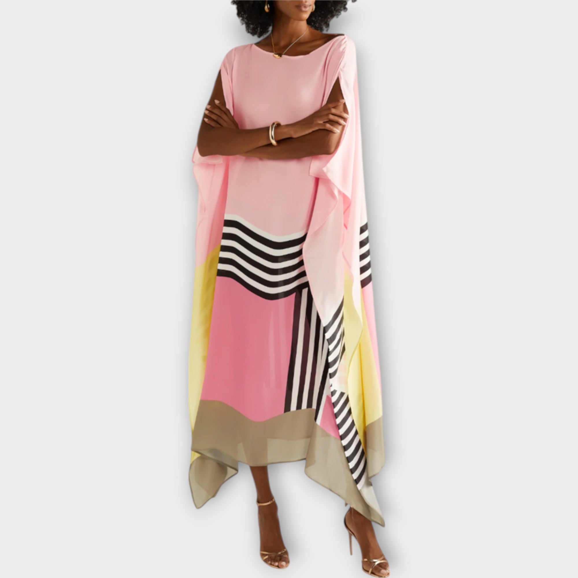 Locker geschnittener Kaftan in Rosa mit geometrischem Streifenmuster und farbigen Farbfeldern