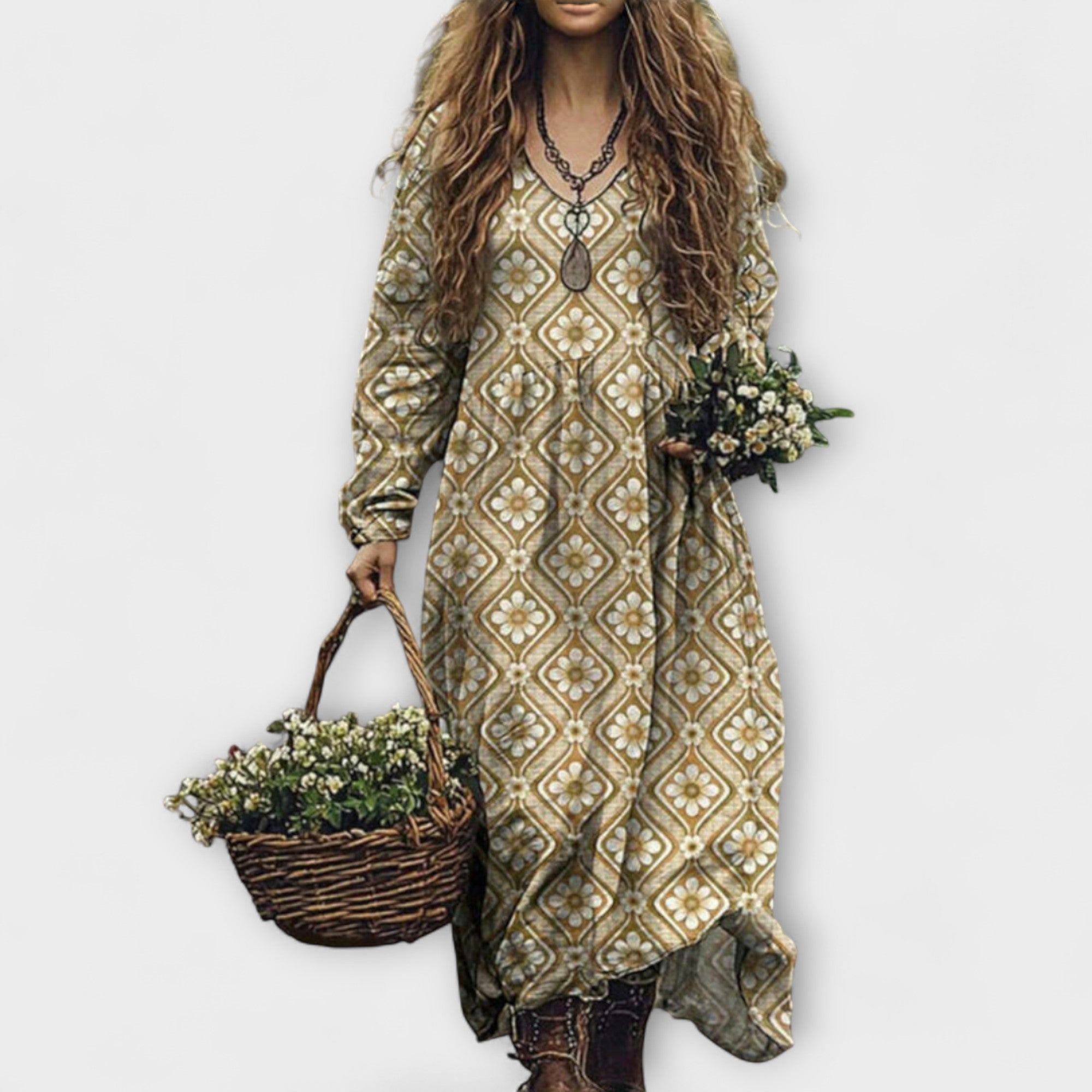 Langarm-Kleid mit Ornamentmuster, beiger Grund, seitliche Taschen, fallender Saum