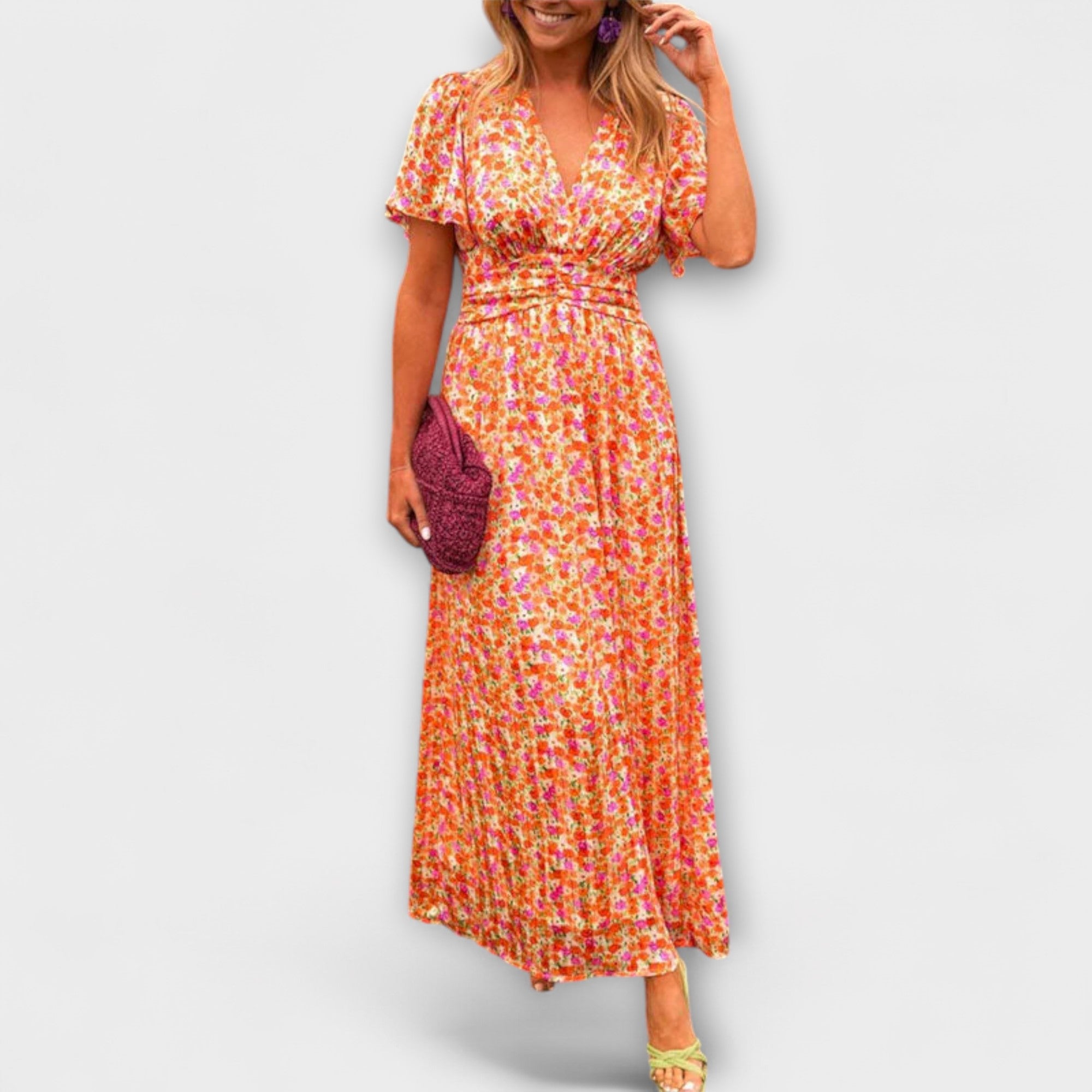 Maxikleid mit V-Ausschnitt und kurzem Flatterärmel, buntem Blumenprint (orange)