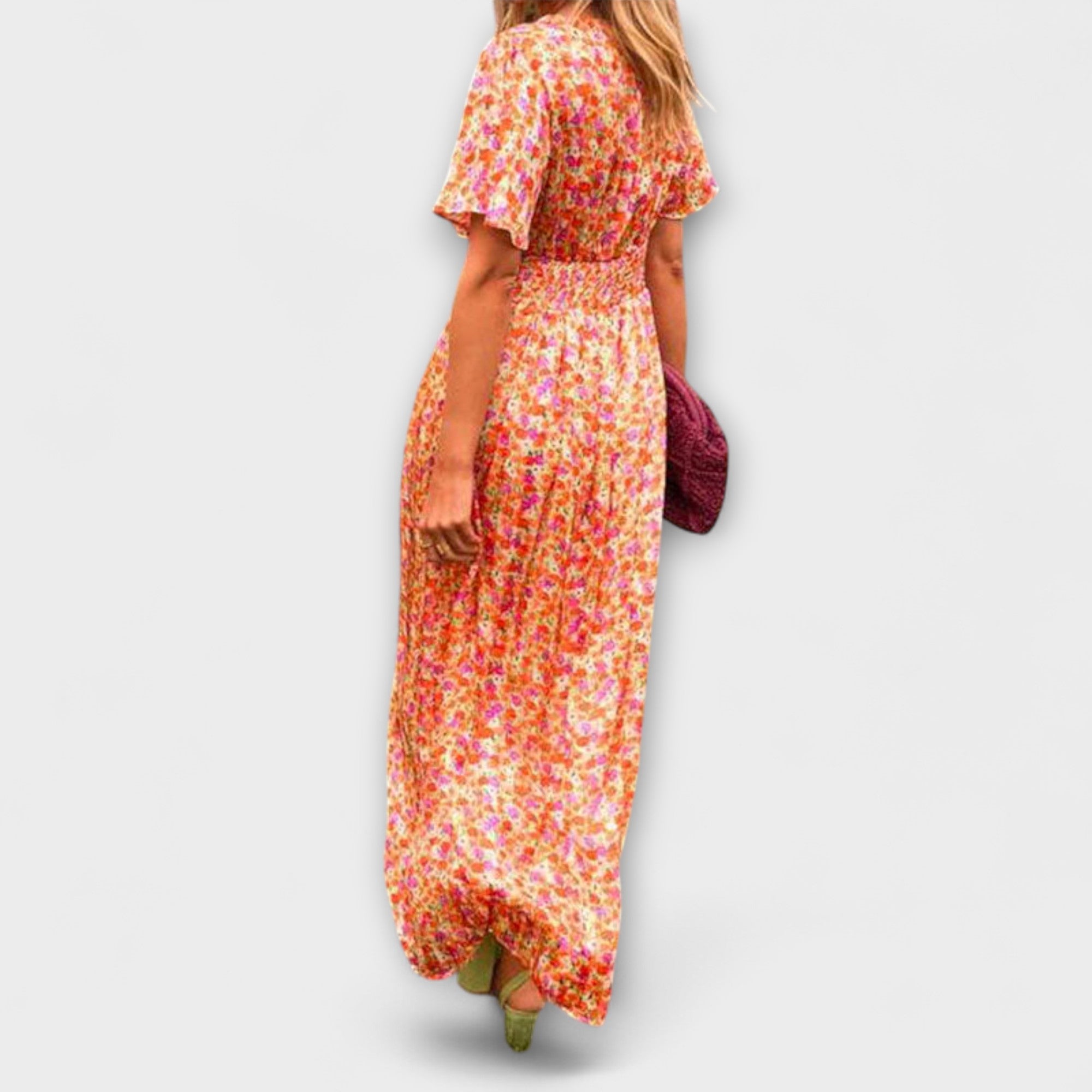 Maxikleid mit V-Ausschnitt, kurzem Flatterärmel, buntem Blumenprint (orange) seitlich