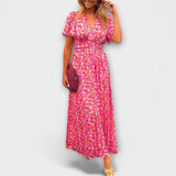 Maxikleid mit V-Ausschnitt und kurzem Flatterärmel, buntem Blumenprint (pink)