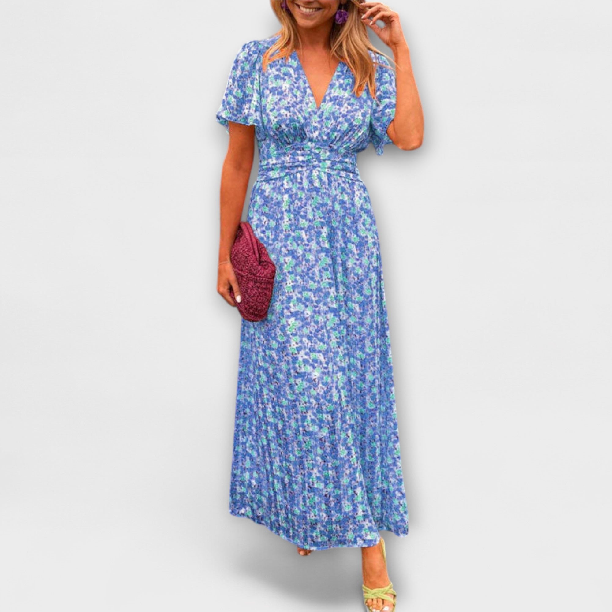 Maxikleid mit V-Ausschnitt und kurzem Flatterärmel, buntem Blumenprint (blau)