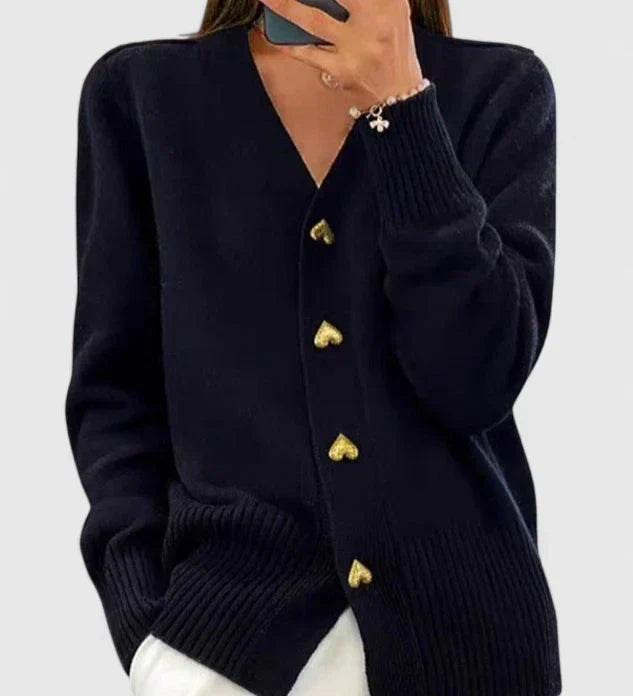Dunkelblauer Strickcardigan mit V-Ausschnitt, Knopfleiste und gerippten Bündchen