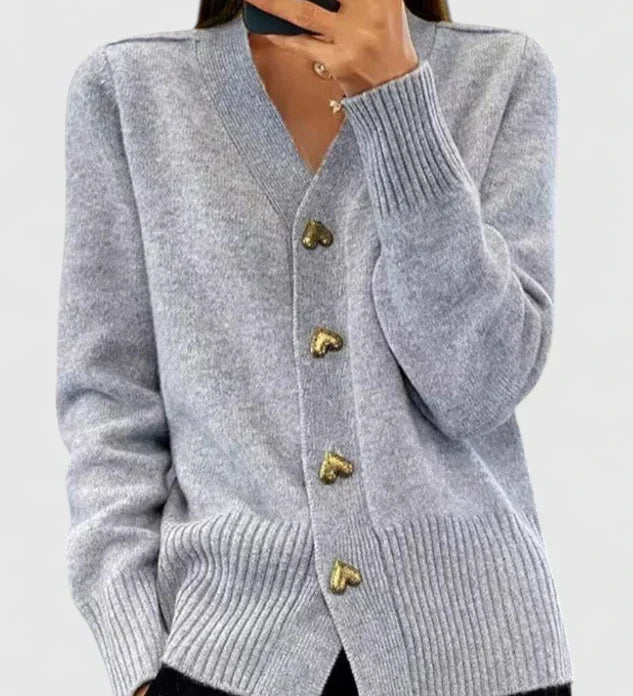 Grauer Strickcardigan mit V-Ausschnitt, Knopfleiste und geripptem Saum