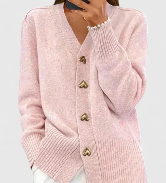 Rosa Strickcardigan mit V-Ausschnitt, Knopfleiste und gerippten Bündchen