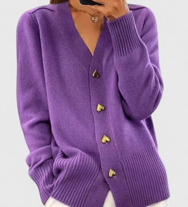 Violetter Cardigan mit V-Ausschnitt, Knopfleiste und geripptem Saum