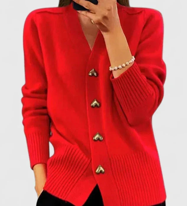 Roter Strickcardigan mit V-Ausschnitt, Knopfleiste und geripptem Saum